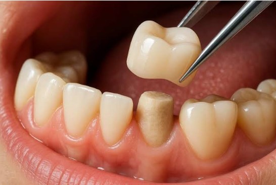 dentist placing dental crowns over a teeth